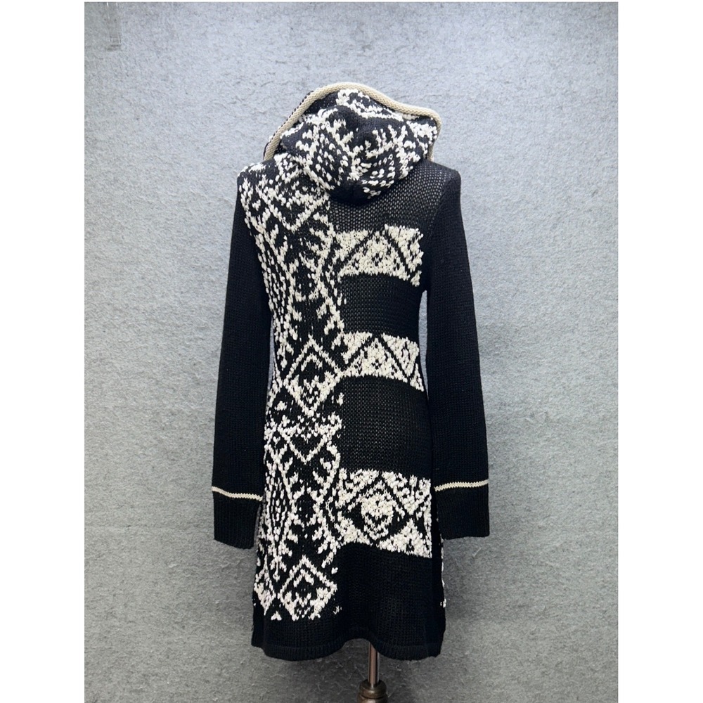 Venus Hooded Cardigan Women Size M Black White Geometric Excellent Longline Zip - Picture 2 of 12